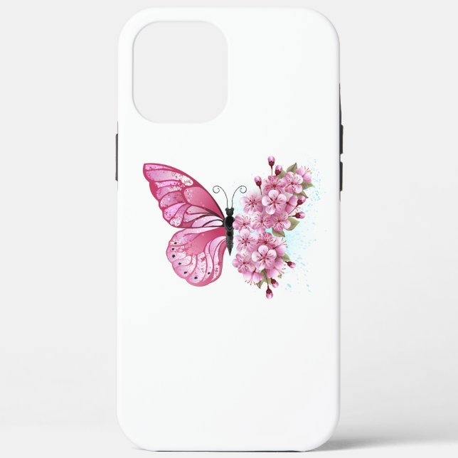 Funda De Case-Mate Para iPhone Mariposa de flores con Sakura rosa (Reverso )