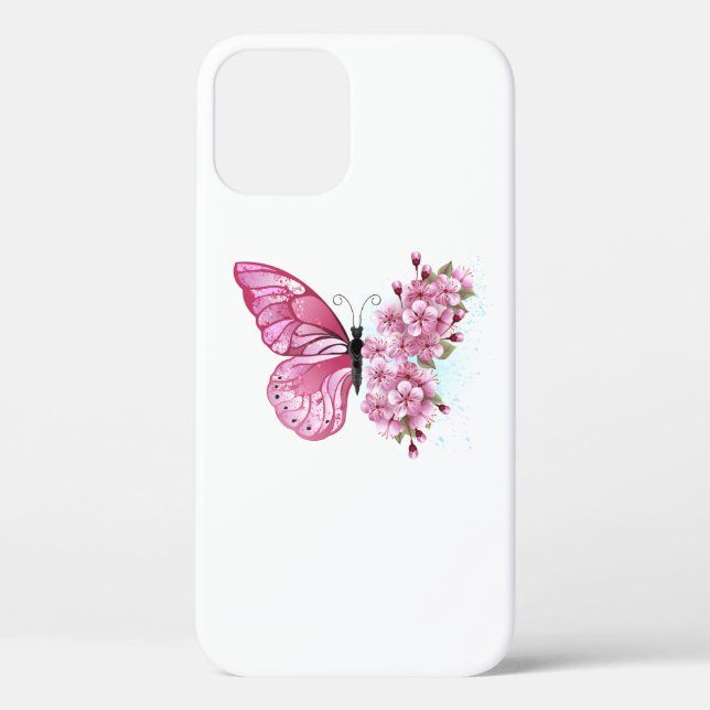 Funda De Case-Mate Para iPhone Mariposa de flores con Sakura rosa (Reverso )