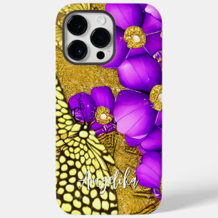 Funda Para iPhone 14 Pro Max De Case-Mate Mariposa de oro y púrpura con nombre personalizado