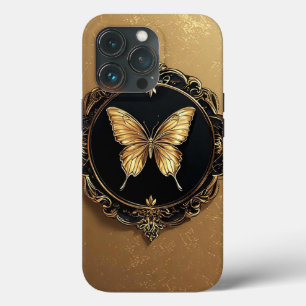 Funda Para iPhone 13 Pro Mariposa dorada dentro de un diseño ornamentado