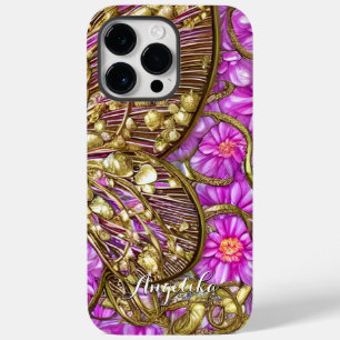 Funda Para iPhone 14 Pro Max De Case-Mate Mariposa Dorada Elegante Margaritas Rosadas Nombre