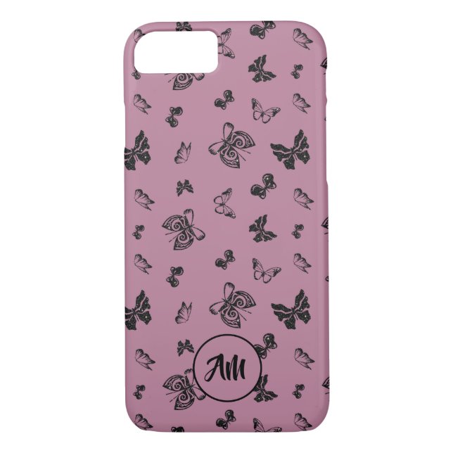 Funda De Case-Mate Para iPhone Mariposa Jardín Morado y Monograma Negro (Reverso)
