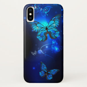 Funda Para iPhone X Mariposa morfo en el fondo oscuro