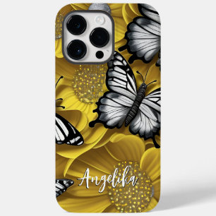 Funda Para iPhone 14 Pro Max De Case-Mate Mariposa Plateada Negra Flores Amarillas Nombre Pe