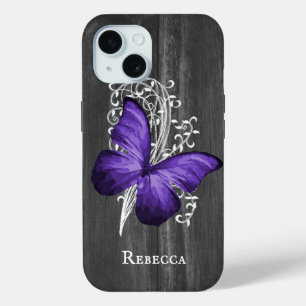 Funda Para iPhone 15 Mariposa Rustica Púrpura Personalizada