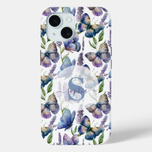 Funda Para iPhone 15 Mariposas Acuarela Flor de Wisteria Monogramada