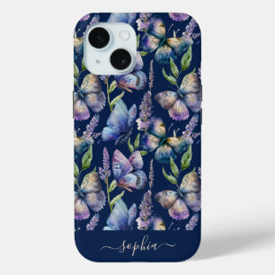 Funda Para iPhone 15 Mariposas Acuarela Flor de Wisteria Nombre Persona