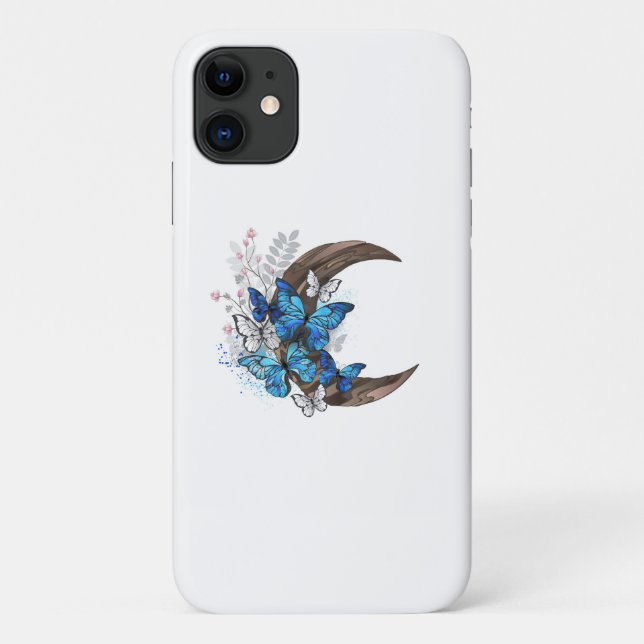 Funda De Case-Mate Para iPhone Mariposas azules sobre la media luna de madera (Reverso)