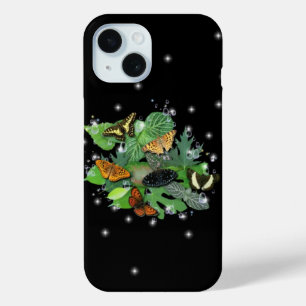 Funda Para iPhone 15 Mariposas con gotas de lluvia de hojas y estrellas