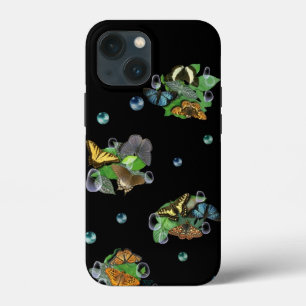 Funda Para iPhone 13 Mini Mariposas con hojas, lluvias, estrellas y perlas