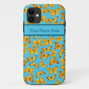 Funda Para iPhone 11 Mariposas de Acuarela, amarillo de oro en azul de