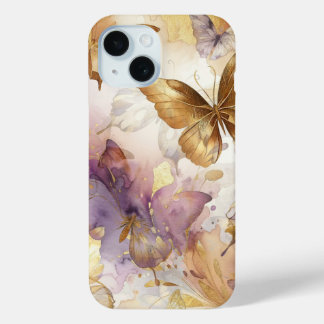 Funda Para iPhone 15 Mariposas de Acuarela Mariposas Morado y Dorado