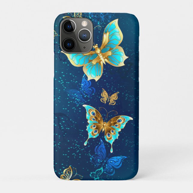 Funda De Case-Mate Para iPhone Mariposas doradas sobre fondo azul (Reverso)