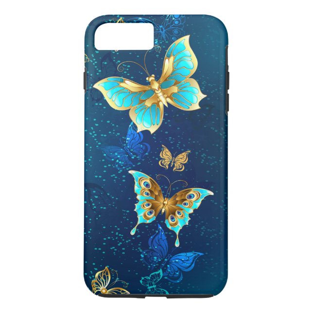 Funda De Case-Mate Para iPhone Mariposas doradas sobre fondo azul (Reverso)