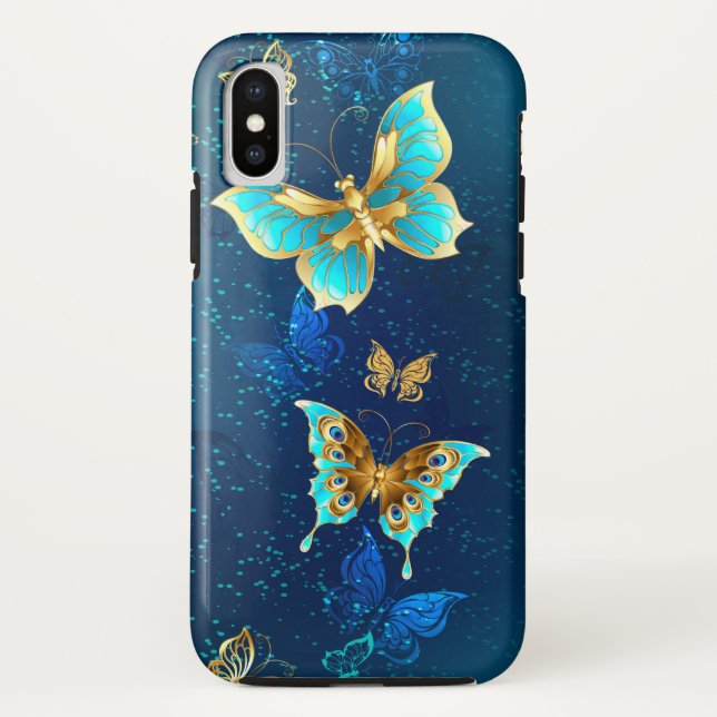 Funda De Case-Mate Para iPhone Mariposas doradas sobre fondo azul (Reverso)