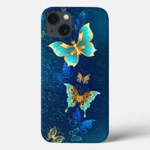 Funda Para iPhone 13 Mariposas doradas sobre fondo azul