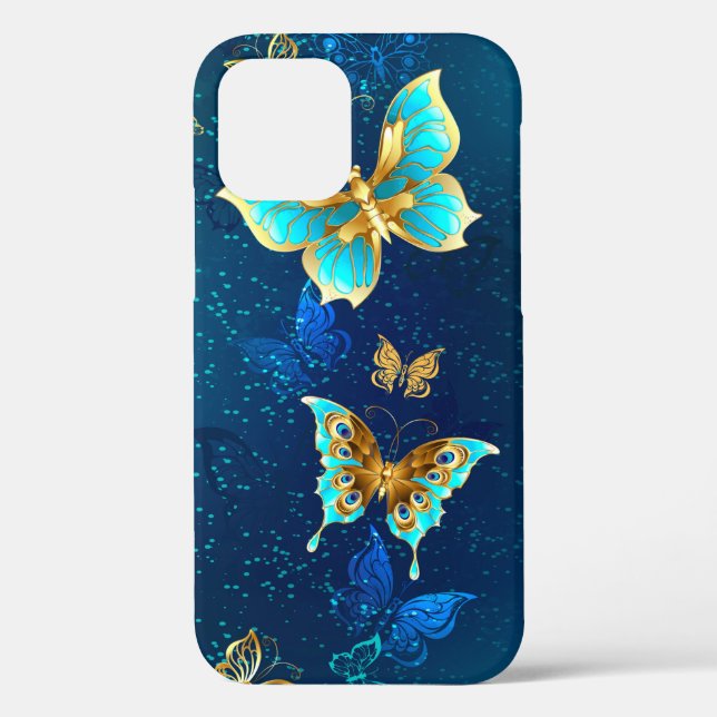 Funda De Case-Mate Para iPhone Mariposas doradas sobre fondo azul (Reverso )