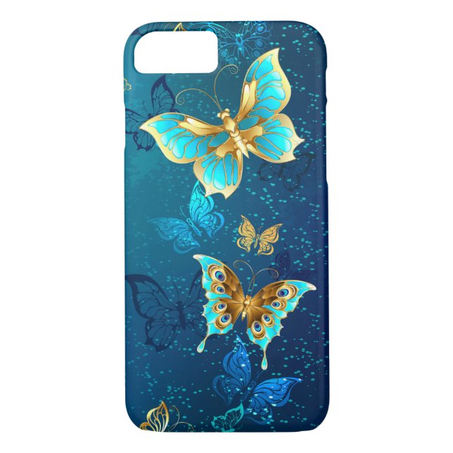 Funda De Case-Mate Para iPhone Mariposas doradas sobre fondo azul (Reverso)