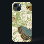 Funda Para iPhone 13 Mariposas en la música de hojas con diseño floral<br><div class="desc">Un diseño floral verde y una partitura de papel sirven como telón de fondo de un trío de mariposas en esta pieza de Vision Studio. La palabra francesa para mariposa, papillon, también está estampada al final de la pieza. Si te gustan mucho las mariposas, la naturaleza, o como si te...</div>
