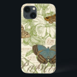 Funda Para iPhone 13 Mariposas en la música de hojas con diseño floral<br><div class="desc">Un diseño floral verde y una partitura de papel sirven como telón de fondo de un trío de mariposas en esta pieza de Vision Studio. La palabra francesa para mariposa, papillon, también está estampada al final de la pieza. Si te gustan mucho las mariposas, la naturaleza, o como si te...</div>
