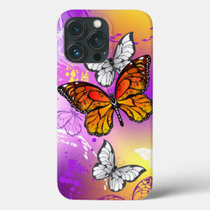 Funda Para iPhone 13 Pro Mariposas Monarca sobre Fondo Púrpura