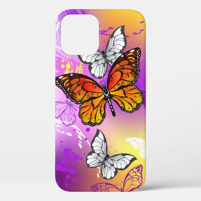 Funda De Case-Mate Para iPhone Mariposas monarcas en fondo morado (Reverso )