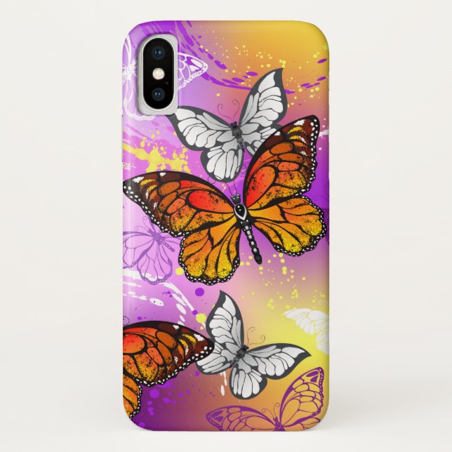 Funda De Case-Mate Para iPhone Mariposas monarcas en fondo morado (Reverso)