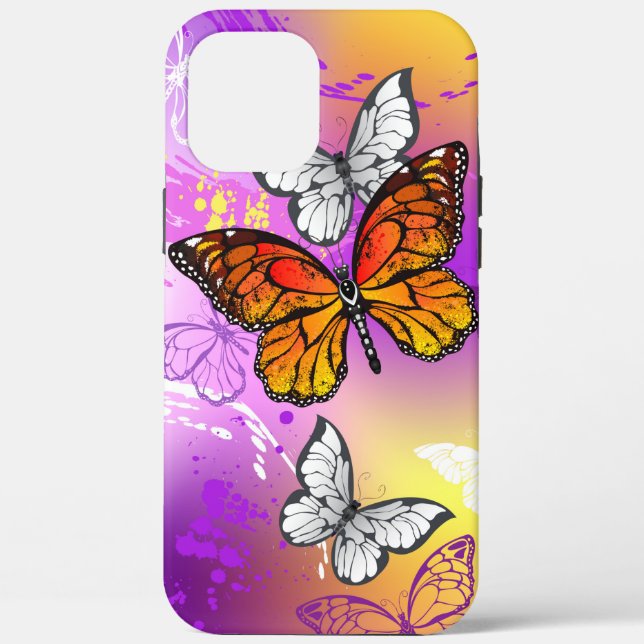 Funda De Case-Mate Para iPhone Mariposas monarcas en fondo morado (Reverso )