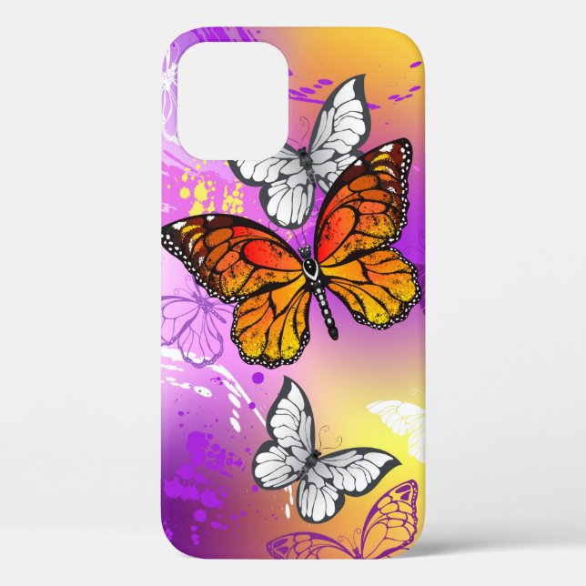 Funda De Case-Mate Para iPhone Mariposas monarcas en fondo morado (Reverso )