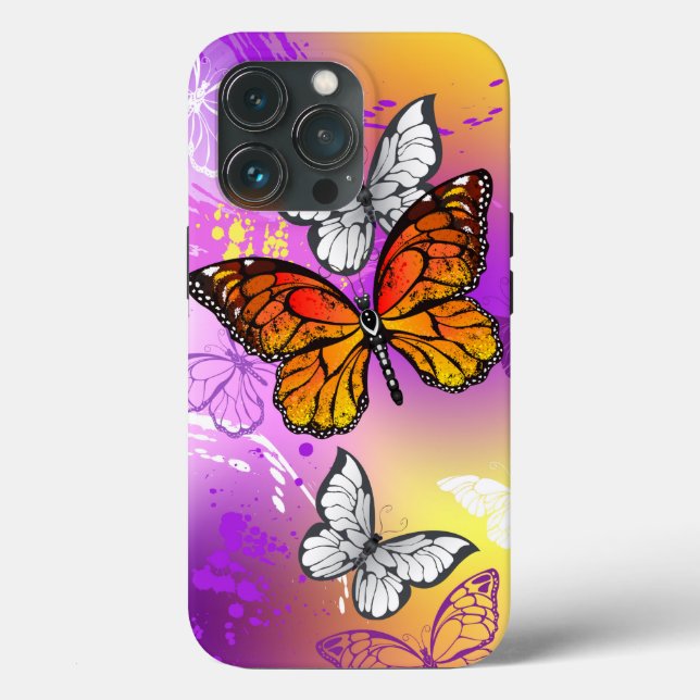 Funda De Case-Mate Para iPhone Mariposas monarcas en fondo morado (Reverso )