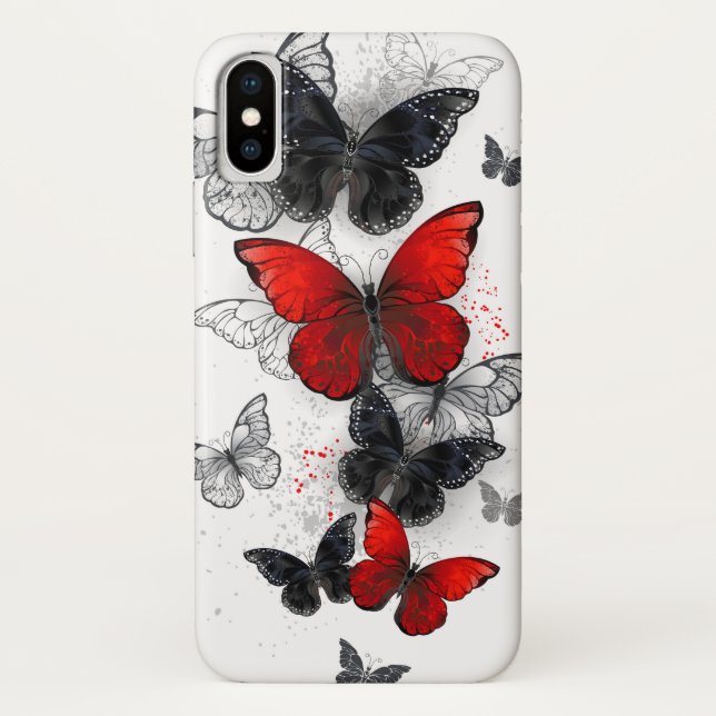 Funda De Case-Mate Para iPhone Mariposas Morpho voladoras negras y rojas (Reverso)