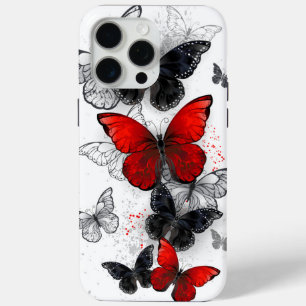 Funda Para iPhone 15 Pro Max Mariposas Morpho voladoras negras y rojas