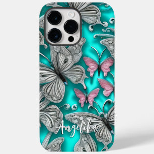 Funda Para iPhone 14 Pro Max De Case-Mate Mariposas personalizadas de color rosa y plata tea