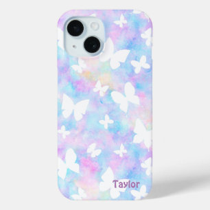 Funda Para iPhone 15 Mariposas personalizadas rosa, azul y blanco