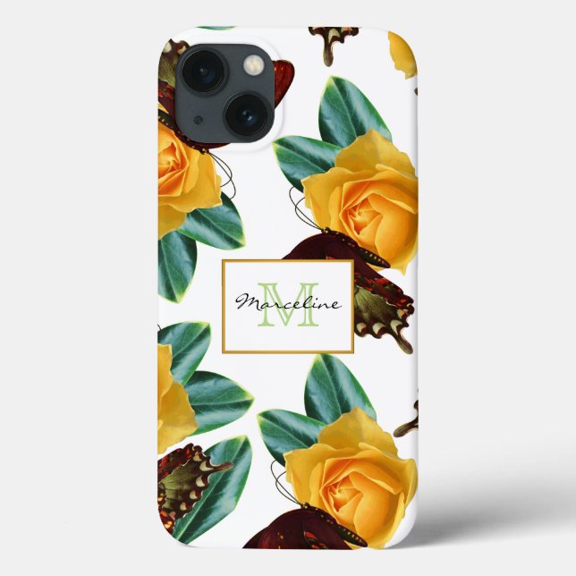 Funda De Case-Mate Para iPhone Mariposas púrpura y rosas amarillas con nombre (Reverso)