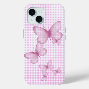 Funda Para iPhone 15 Mariposas Rosadas En Gingham