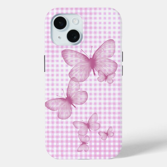Funda De Case-Mate Para iPhone Mariposas Rosadas En Gingham (Reverso )