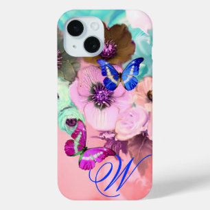 FUNDA PARA iPhone 15 MARIPOSAS, ROSAS TEAL ROSADAS Y FLORES ANEMONE