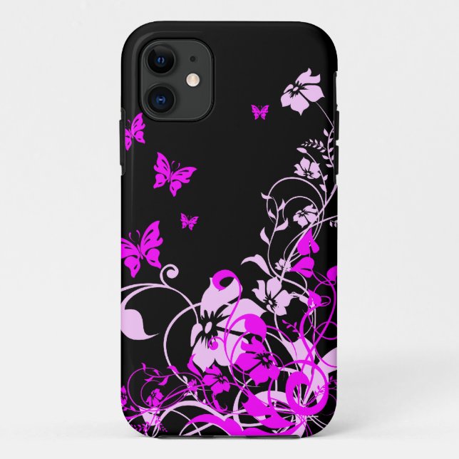 Funda De Case-Mate Para iPhone Mariposas y flores púrpuras (Reverso)
