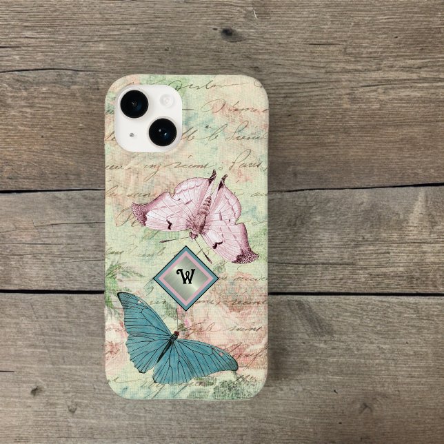 Funda De Case-Mate Para iPhone Mariposas y Rosas rosas y azules con monograma (Subido por el creador)