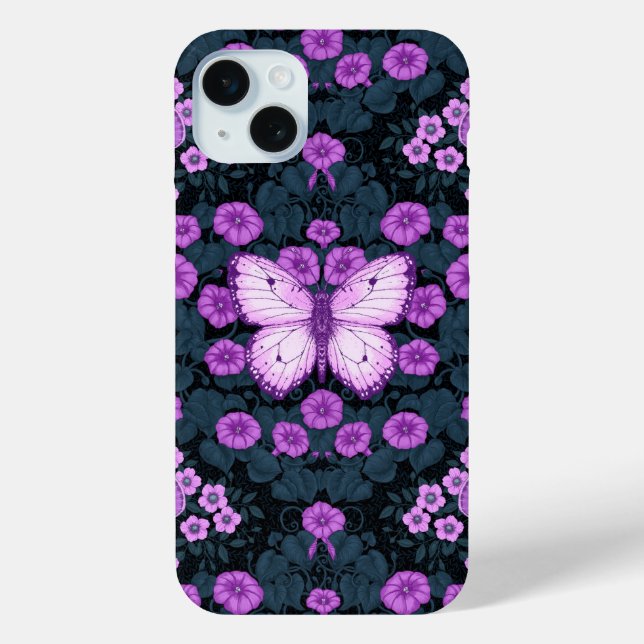 Funda De Case-Mate Para iPhone Mariposas y simetría floral, violeta y azul (Reverso )