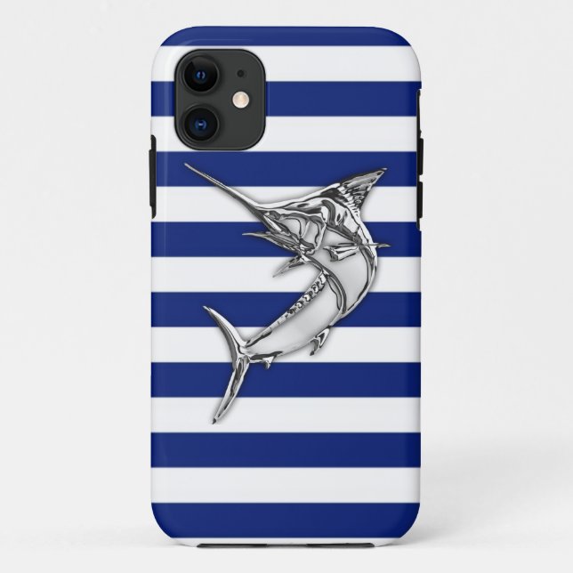 Funda De Case-Mate Para iPhone Marlin Swordfish Cromado en franjas náuticas (Reverso)