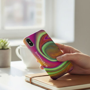 Funda Para iPhone X Mármol Agata Monograma de Oro Arcoíris