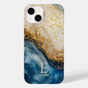 Funda Para iPhone 14 De Case-Mate Mármol azul chic monograma con brillo dorado