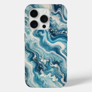 Funda Para iPhone 15 Pro Mármol Azul Océano con Vetas Blancas 
