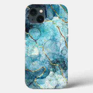 Funda Para iPhone 13 Mármol azul y dorado purpurinoso