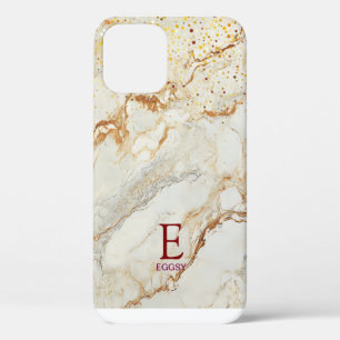 Funda Para iPhone 12 Mármol blanco chic monograma con brillo dorado