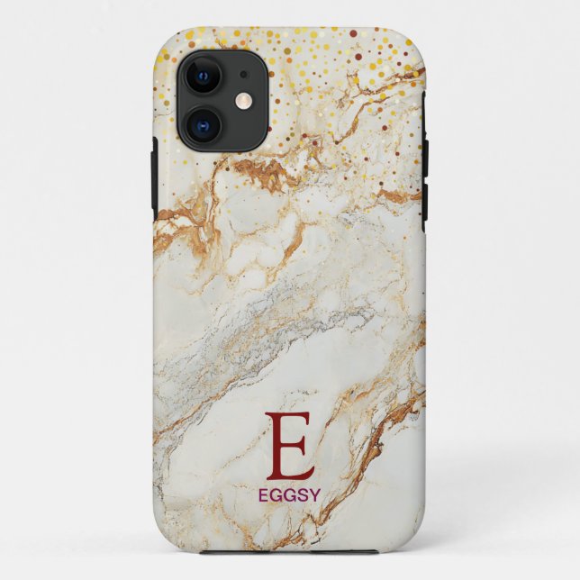 Funda De Case-Mate Para iPhone Mármol blanco chic monograma con brillo dorado (Reverso)