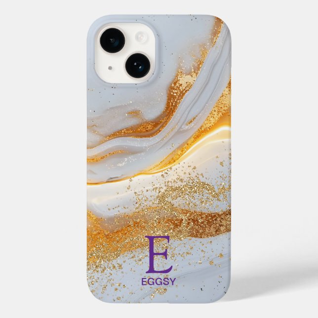 Funda De Case-Mate Para iPhone Mármol blanco chic monograma con brillo dorado (Reverso )