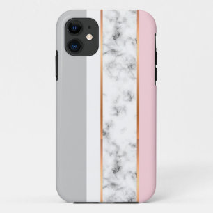 Funda Para iPhone 11 Mármol Blanco Elegante con Franjas Grises Rosa y D
